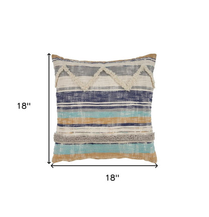 18" Beige Blue and Gray Throw Pillow