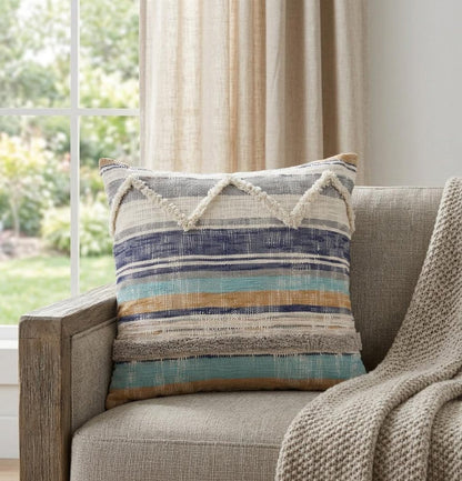 18" Beige Blue and Gray Throw Pillow