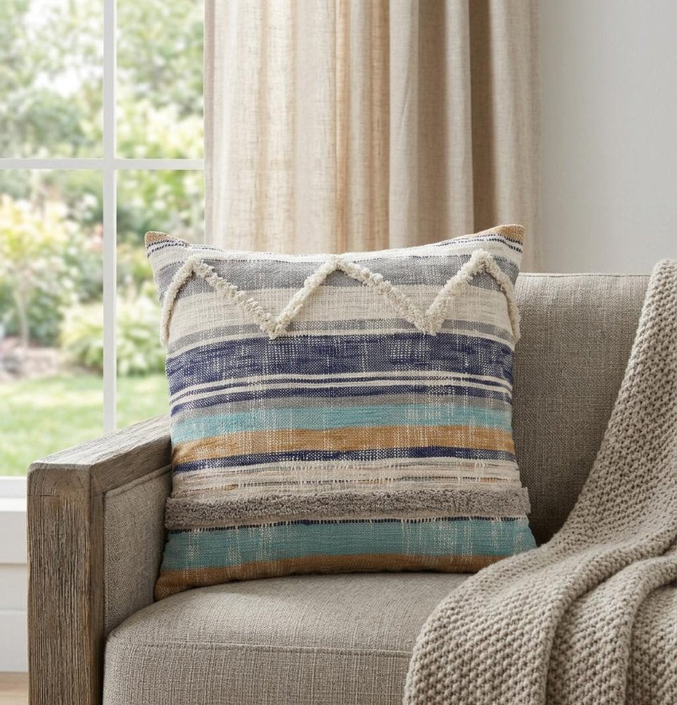 18" Beige Blue and Gray Throw Pillow