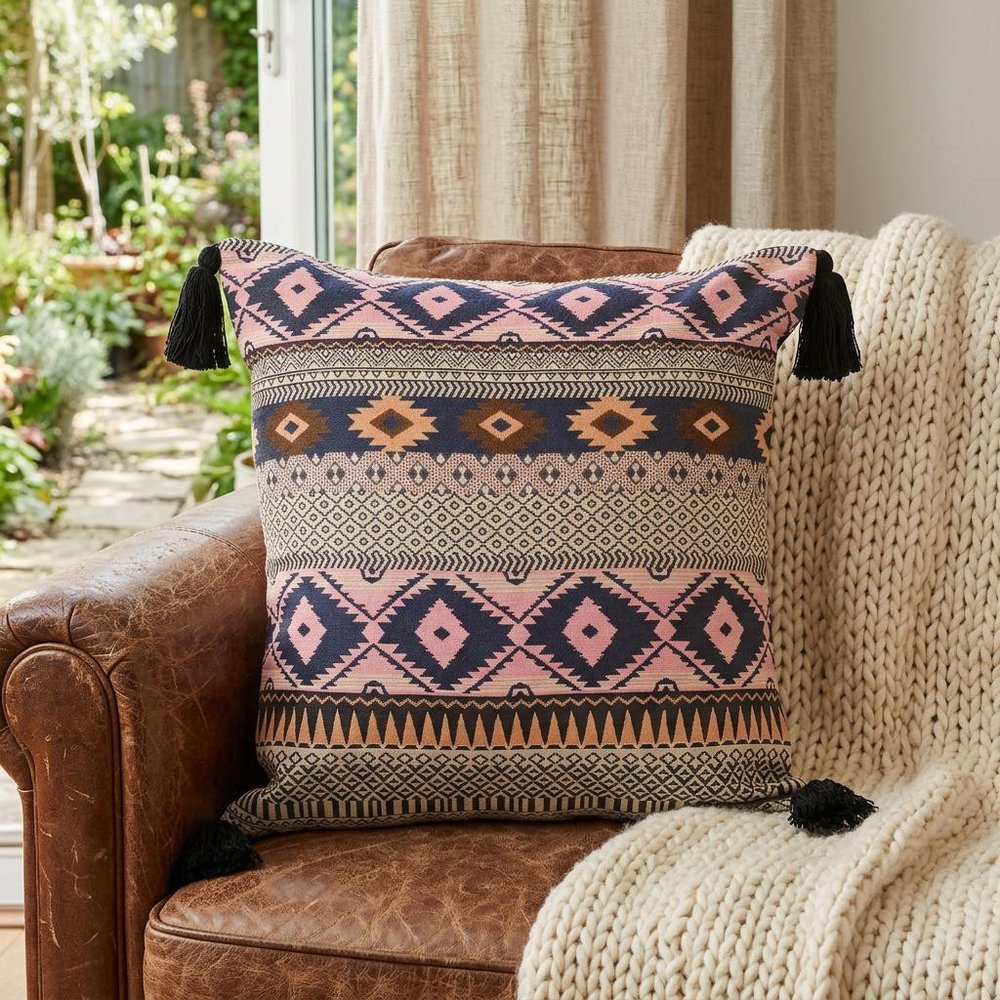 20" X 20" Navy And White 100% Cotton Geometric Zippered Pillow