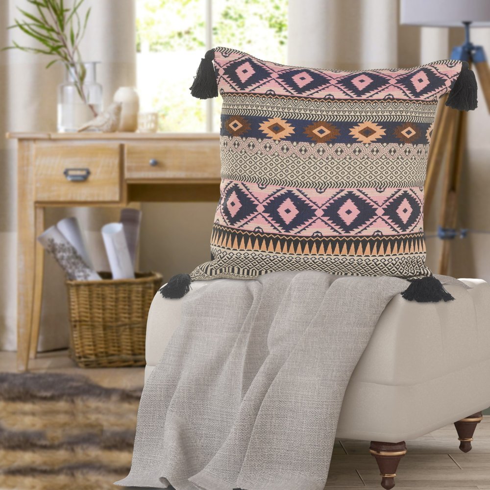 20" Black and Yellow Throw Pillow with Tassels