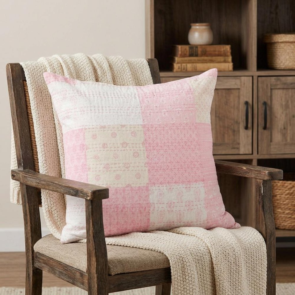 20" X 20" Beige Gray And Off-White 100% Cotton Patchwork Zippered Pillow