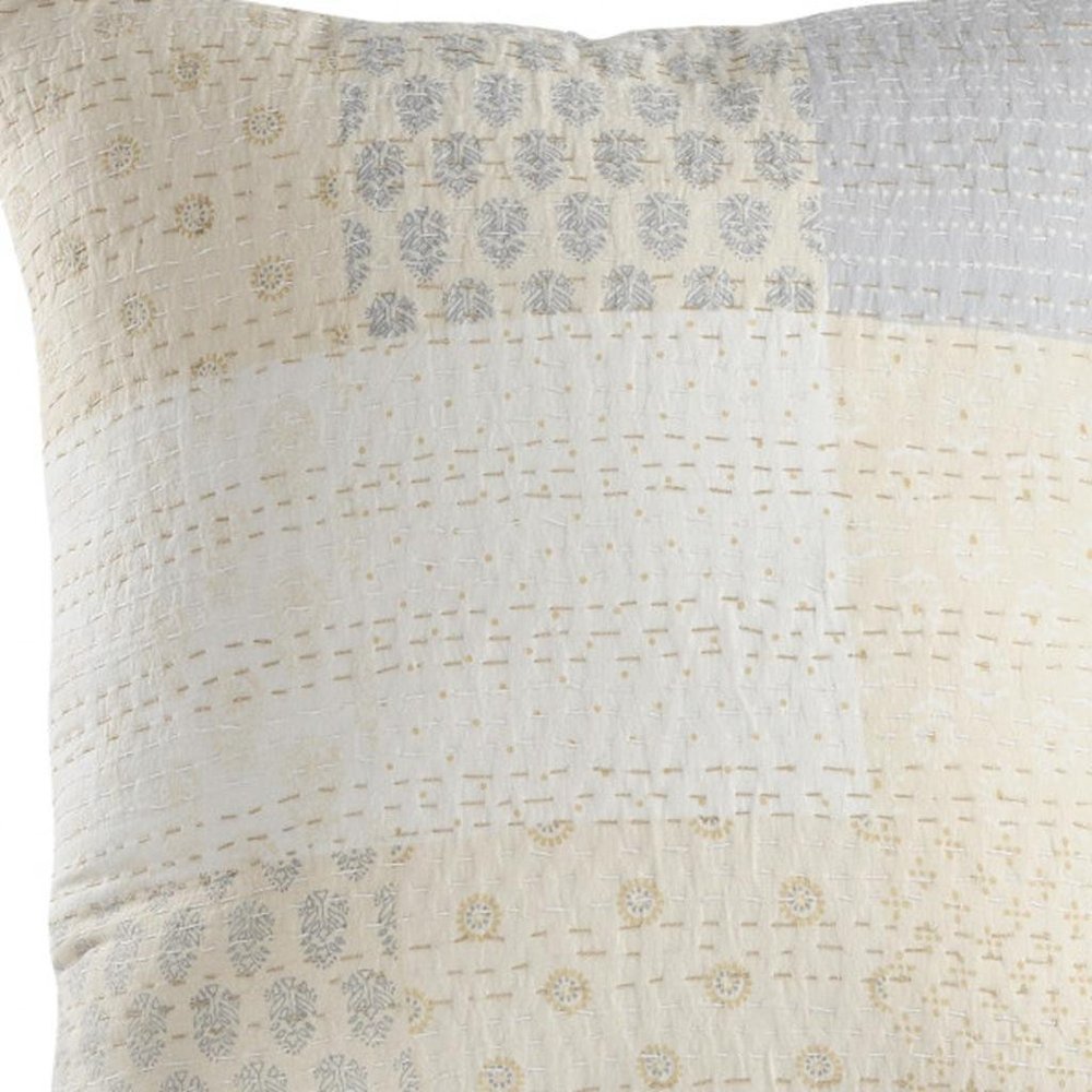 20" X 20" Beige Gray And Off-White 100% Cotton Patchwork Zippered Pillow