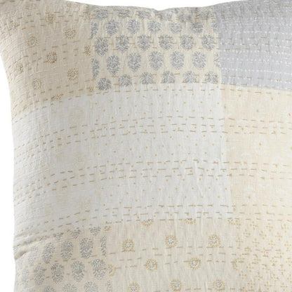 20" X 20" Beige Gray And Off-White 100% Cotton Patchwork Zippered Pillow