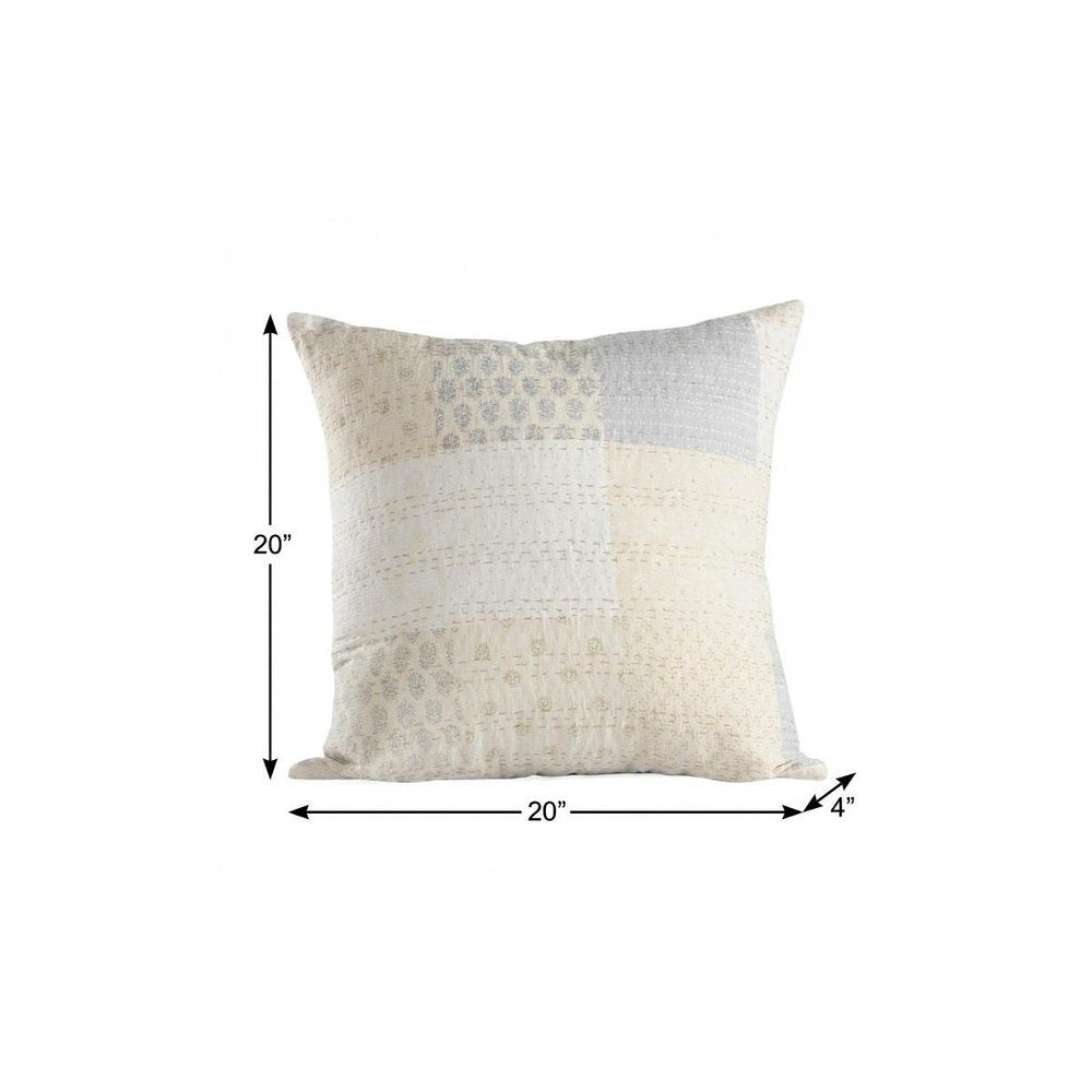 20" X 20" Beige Gray And Off-White 100% Cotton Patchwork Zippered Pillow