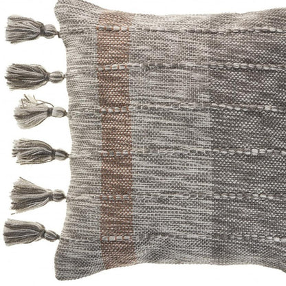 20" Gray And Light Brown Striped Throw Pillow with Tassels