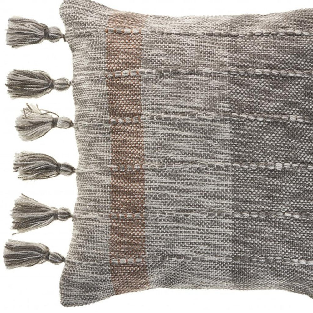 20" Gray And Light Brown Striped Throw Pillow with Tassels