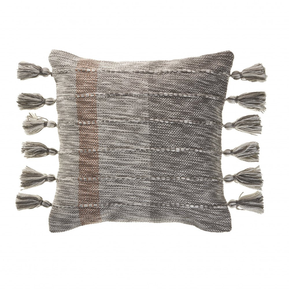 20" Gray And Light Brown Striped Throw Pillow with Tassels