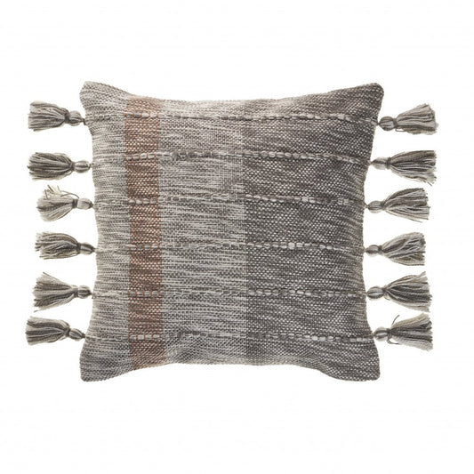 20" Gray And Light Brown Striped Throw Pillow with Tassels