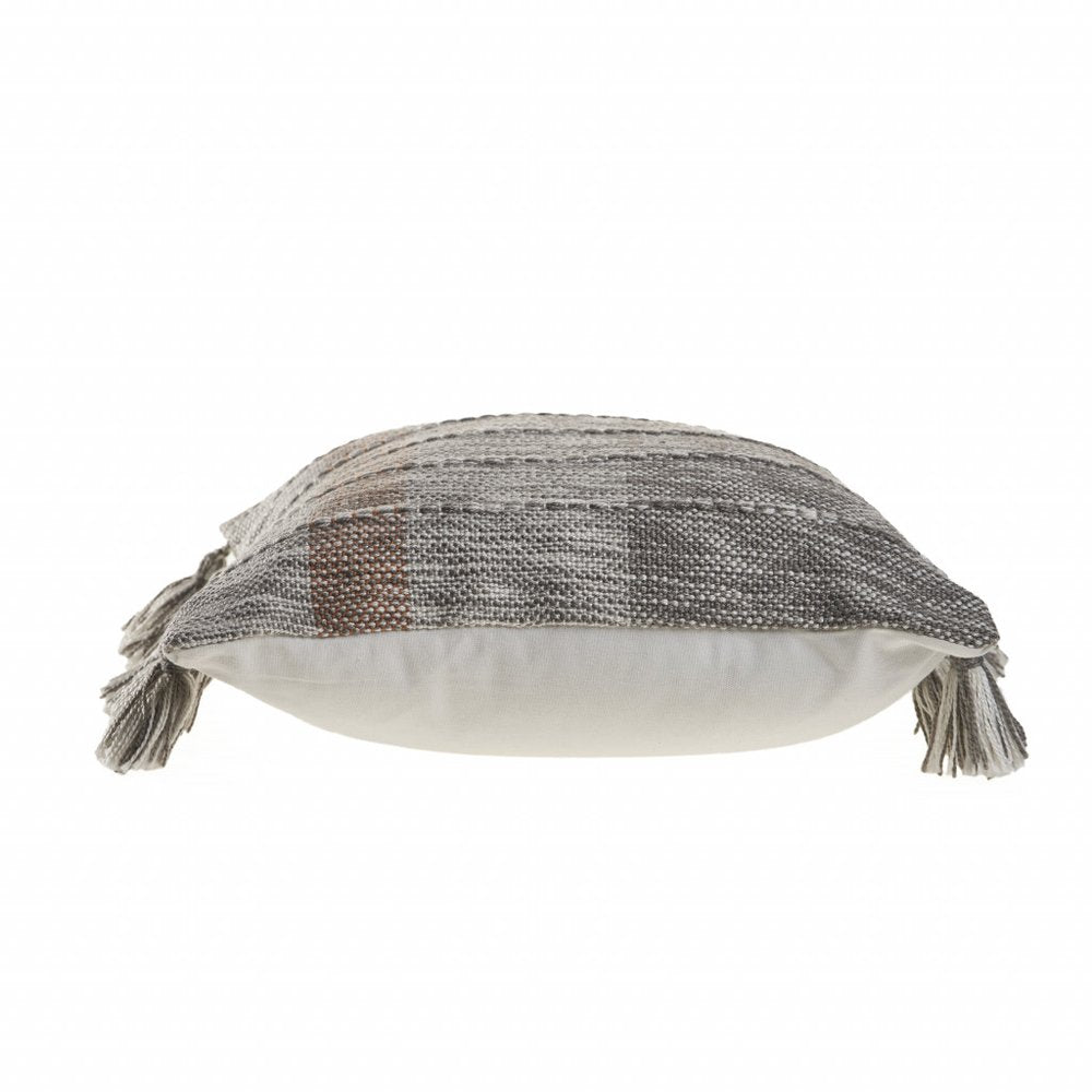 20" Gray And Light Brown Striped Throw Pillow with Tassels