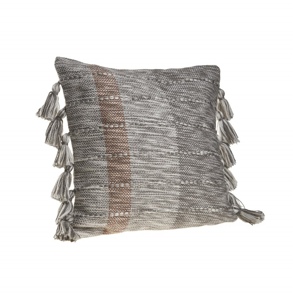 20" Gray And Light Brown Striped Throw Pillow with Tassels