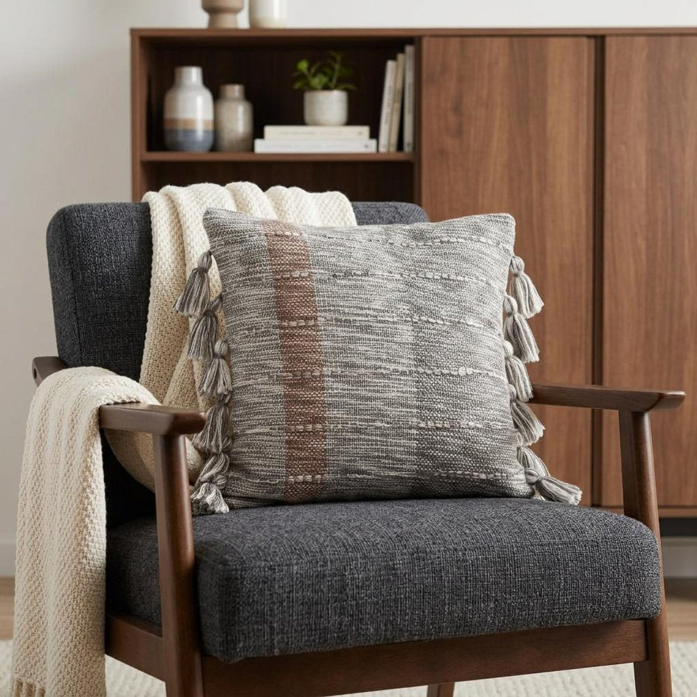 20" Gray And Light Brown Striped Throw Pillow with Tassels