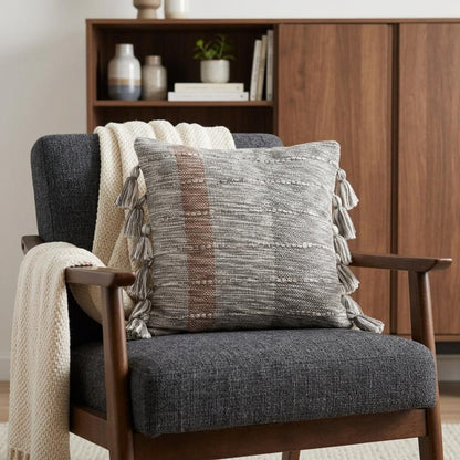 20" Gray And Light Brown Striped Throw Pillow with Tassels