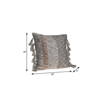 20" Gray And Light Brown Striped Throw Pillow with Tassels