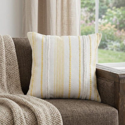 20" X 20" White Blue Gray And Tan 100% Cotton Striped Zippered Pillow