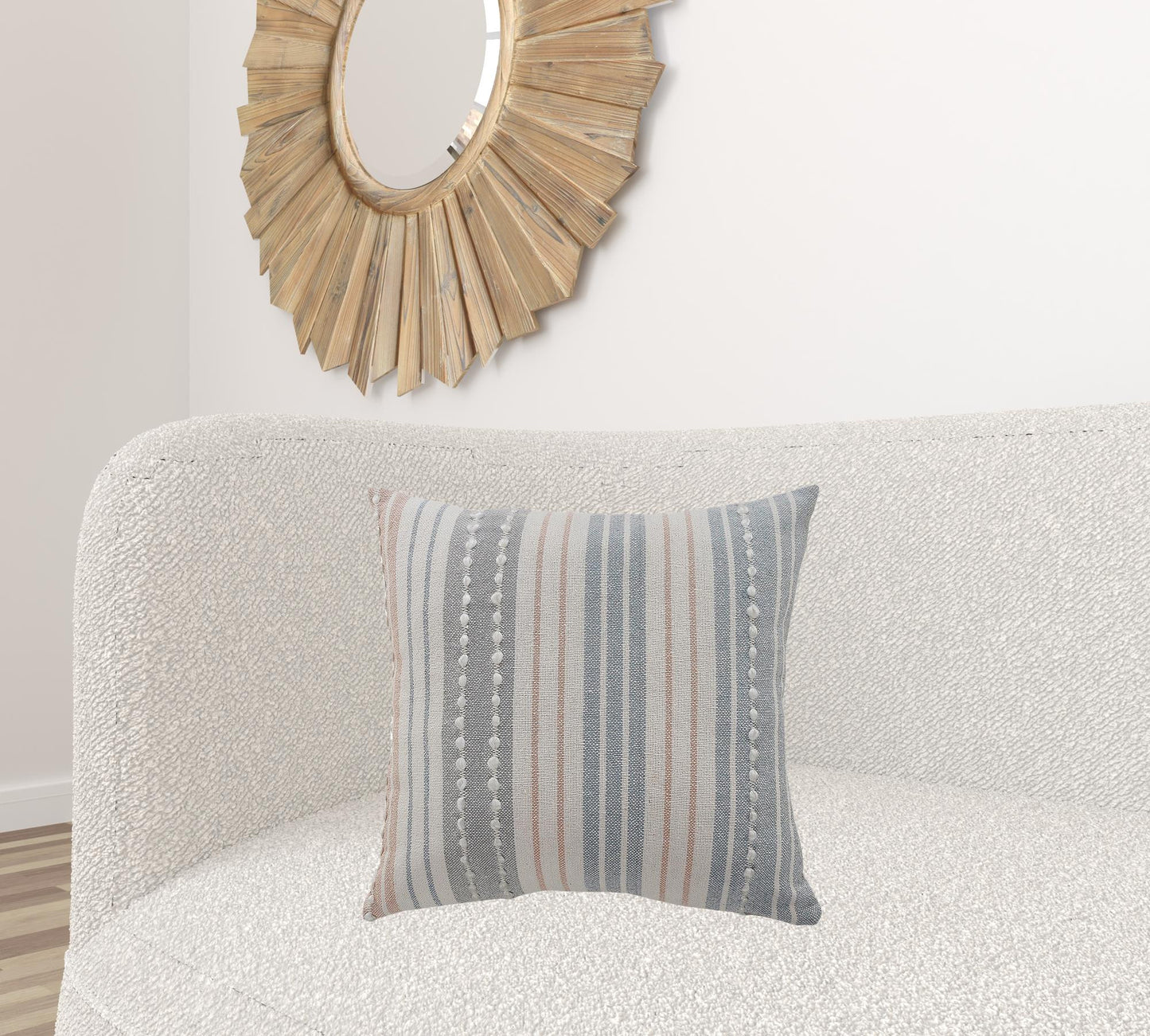 20" X 20" White Blue Gray And Tan 100% Cotton Striped Zippered Pillow