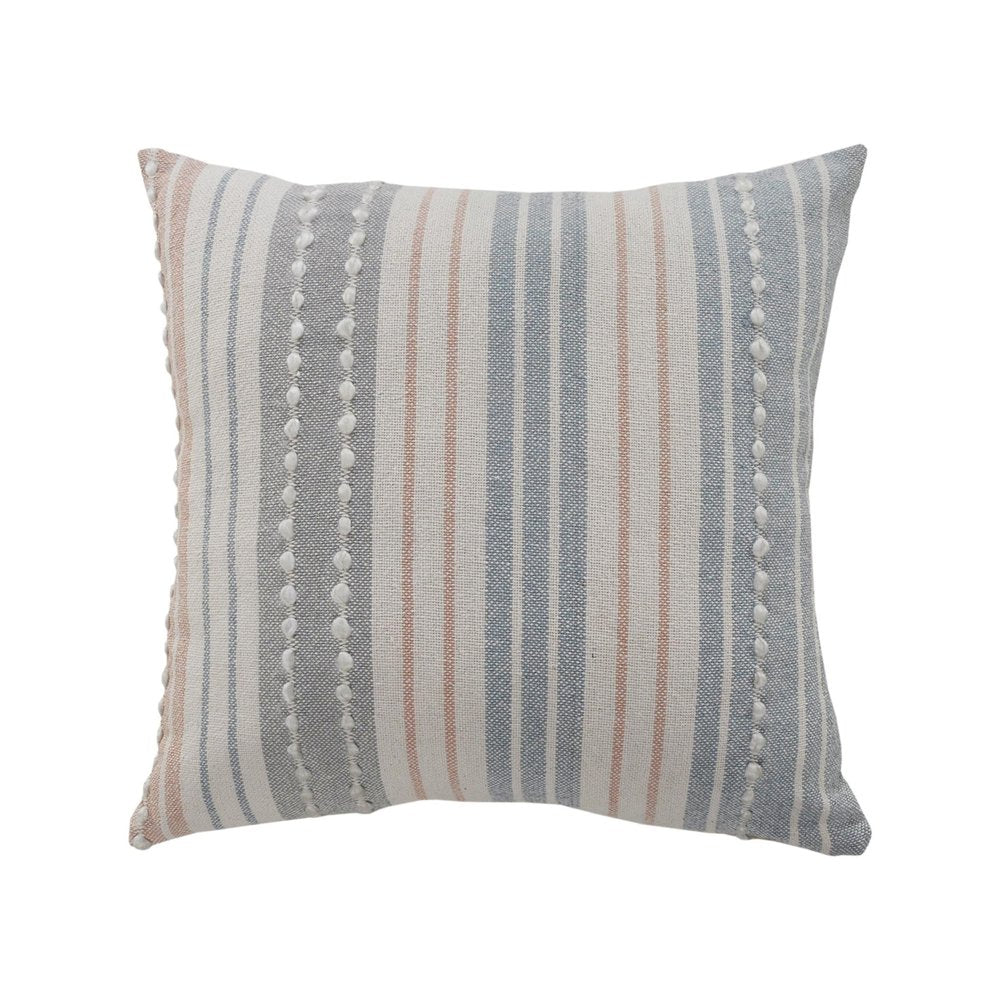 20" X 20" White Blue Gray And Tan 100% Cotton Striped Zippered Pillow