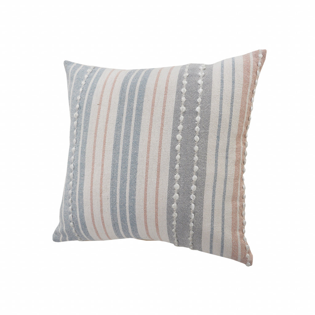 20" X 20" White Blue Gray And Tan 100% Cotton Striped Zippered Pillow