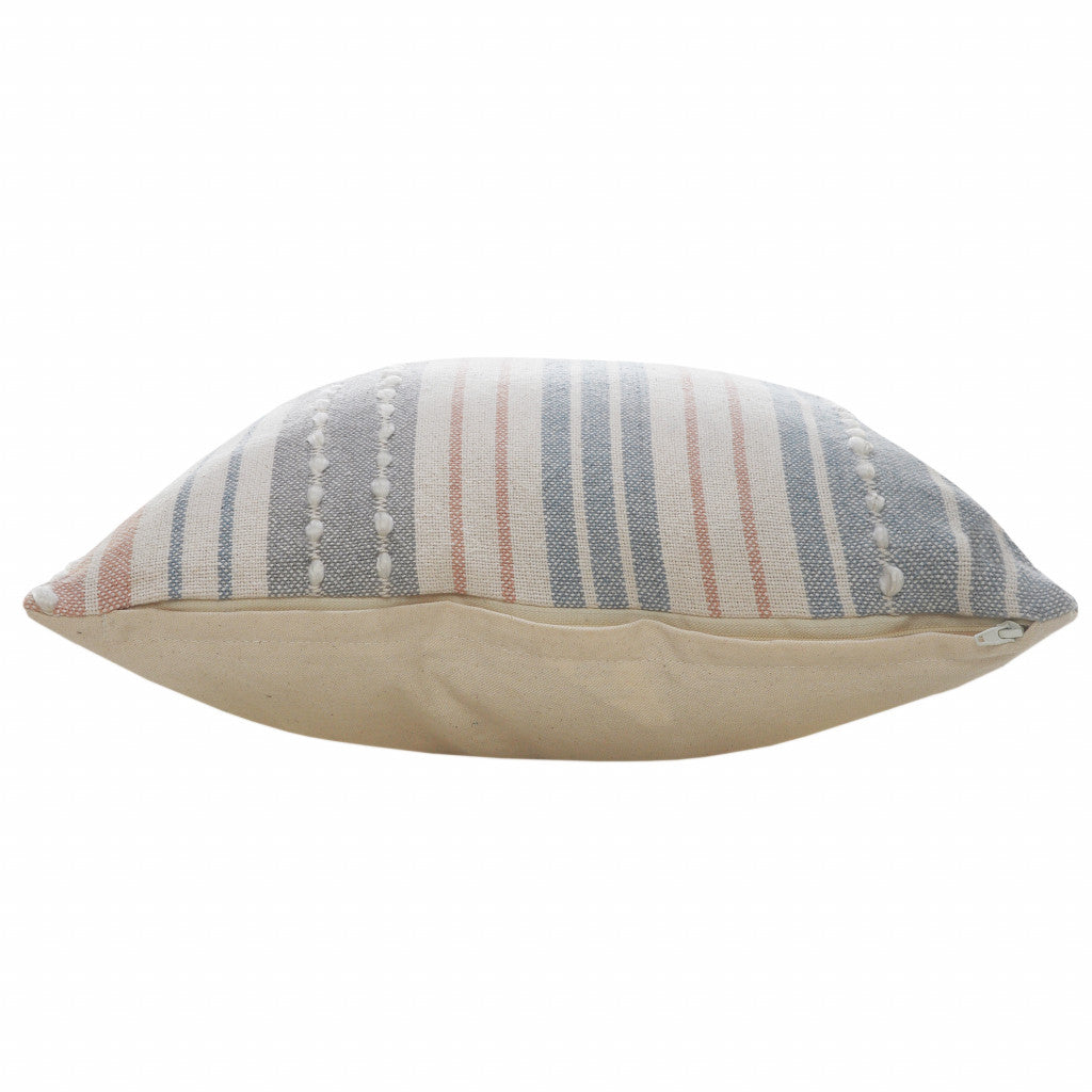 20" X 20" White Blue Gray And Tan 100% Cotton Striped Zippered Pillow