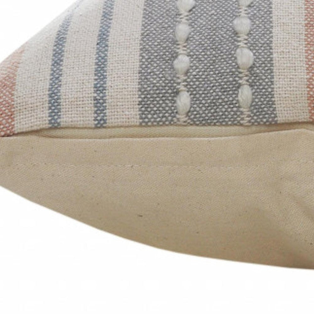 20" X 20" White Blue Gray And Tan 100% Cotton Striped Zippered Pillow