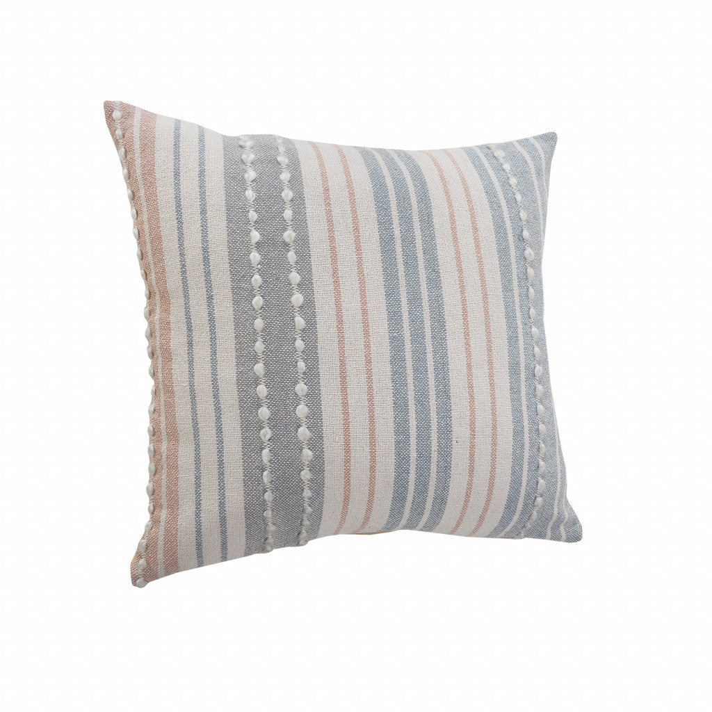 20" X 20" White Blue Gray And Tan 100% Cotton Striped Zippered Pillow