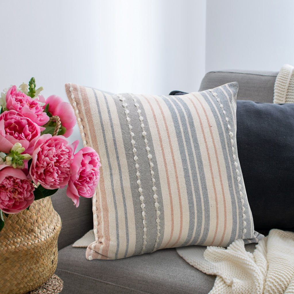 20" X 20" White Blue Gray And Tan 100% Cotton Striped Zippered Pillow