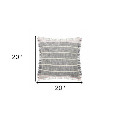 20" X 20" Gray White And Pink 100% Cotton Striped Zippered Pillow