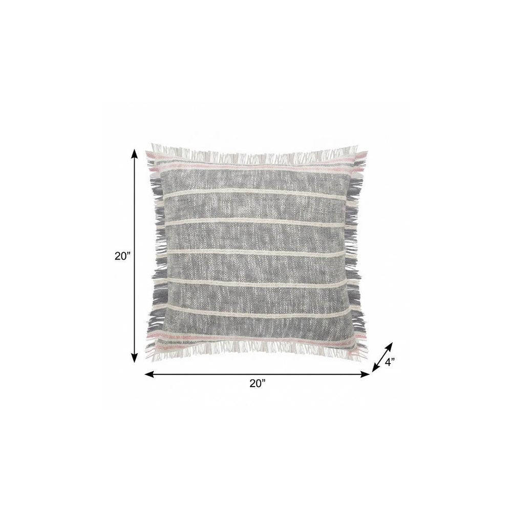 20" X 20" Gray White And Pink 100% Cotton Striped Zippered Pillow