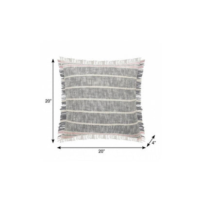 20" X 20" Gray White And Pink 100% Cotton Striped Zippered Pillow