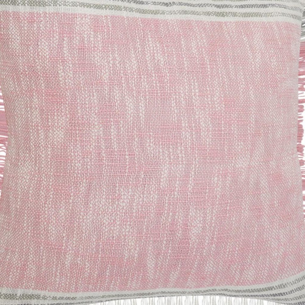 20" X 20" Pink Gray And White 100% Cotton Striped Zippered Pillow