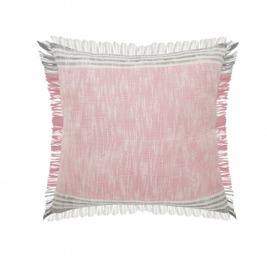 20" X 20" Pink Gray And White 100% Cotton Striped Zippered Pillow