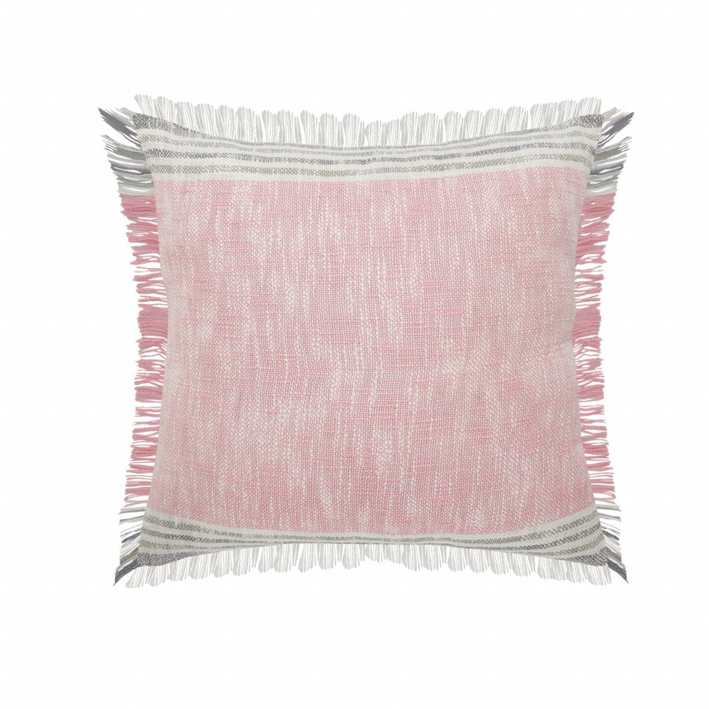 20" X 20" Pink Gray And White 100% Cotton Striped Zippered Pillow