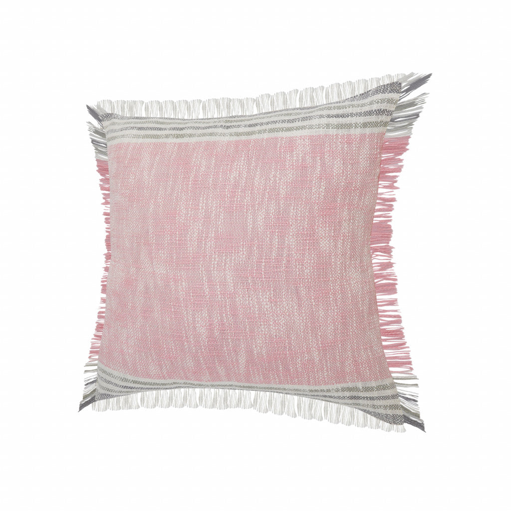 20" X 20" Pink Gray And White 100% Cotton Striped Zippered Pillow