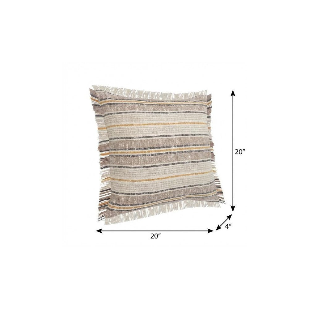 20" X 20" Taupe Gray Yellow And Navy 100% Cotton Striped Zippered Pillow