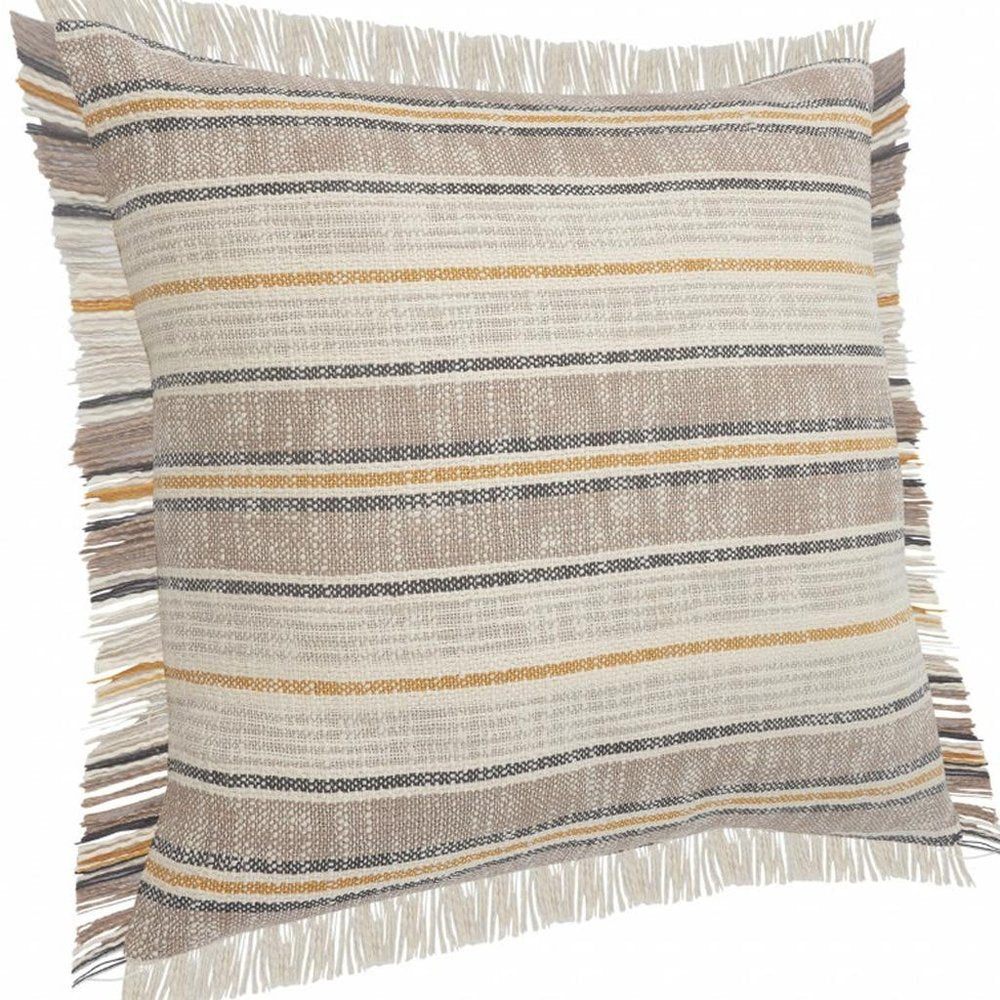 20" X 20" Taupe Gray Yellow And Navy 100% Cotton Striped Zippered Pillow