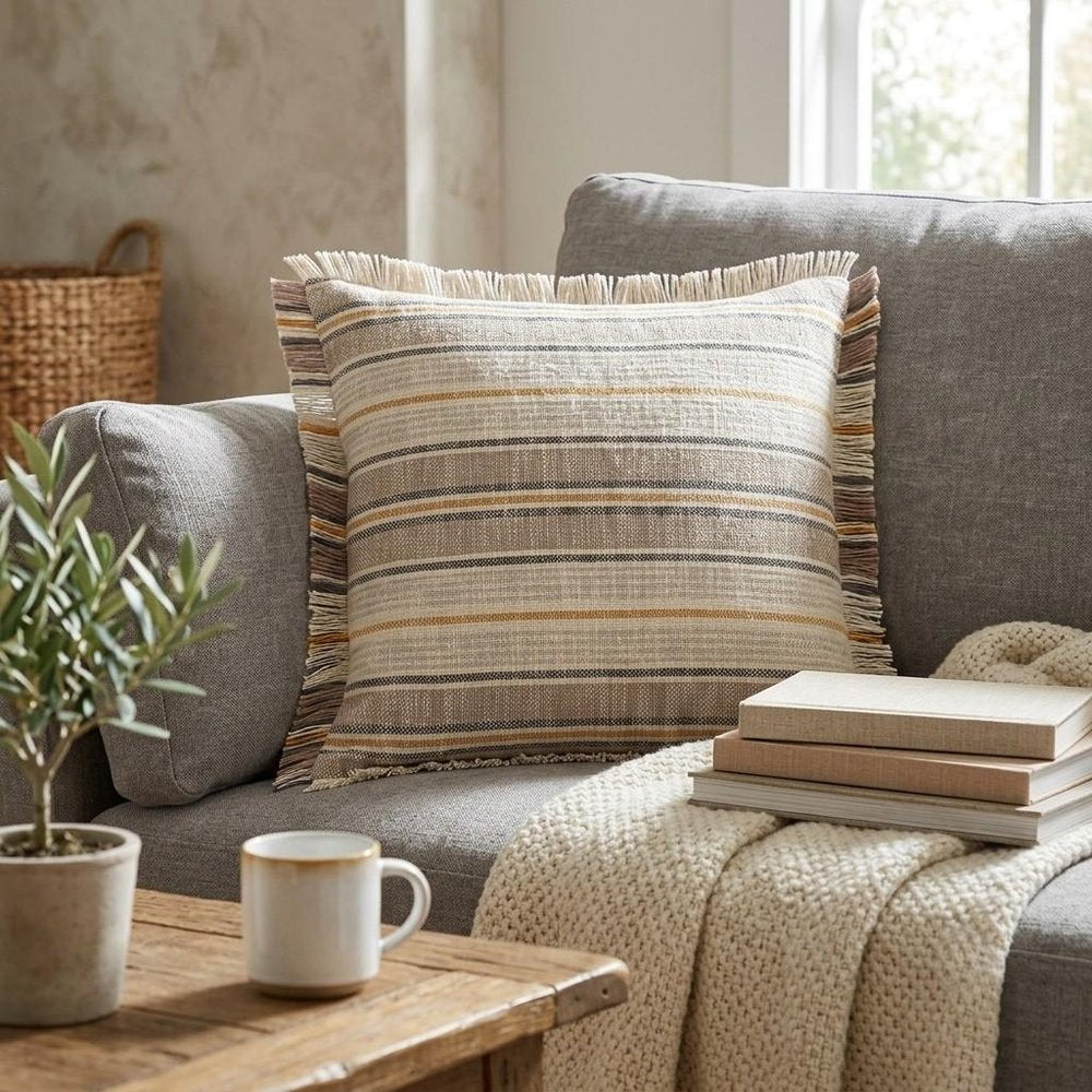 20" X 20" Taupe Gray Yellow And Navy 100% Cotton Striped Zippered Pillow