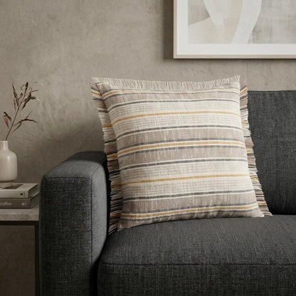 20" X 20" Taupe Gray Yellow And Navy 100% Cotton Striped Zippered Pillow