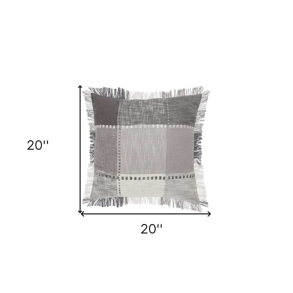 20" Gray And White Cotton Plaid Throw Pillow with Fringe