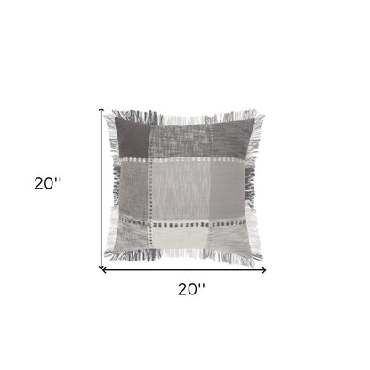 20" Gray And White Cotton Plaid Throw Pillow with Fringe