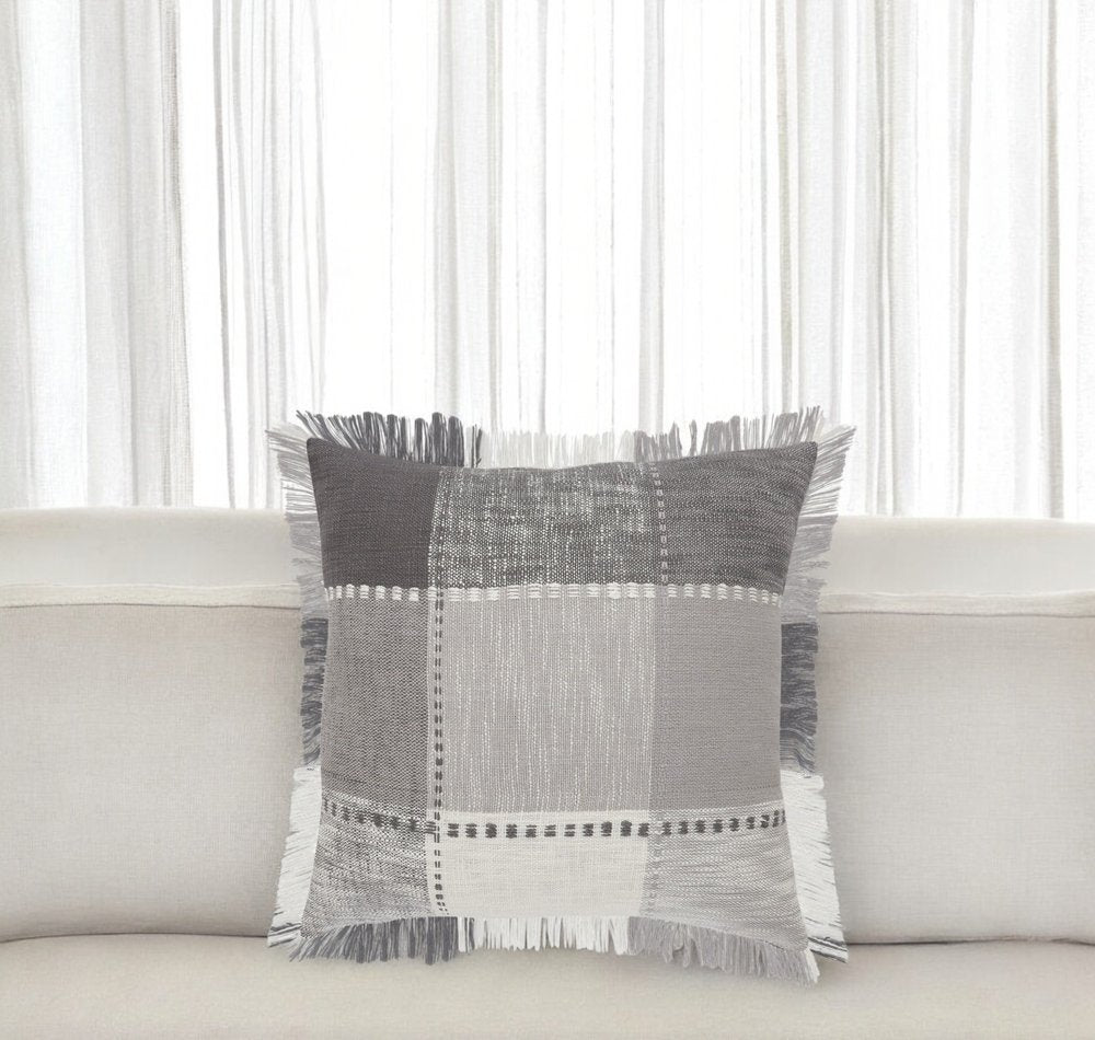 20" Gray And White Cotton Plaid Throw Pillow with Fringe