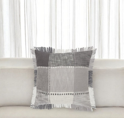 20" Gray And White Cotton Plaid Throw Pillow with Fringe
