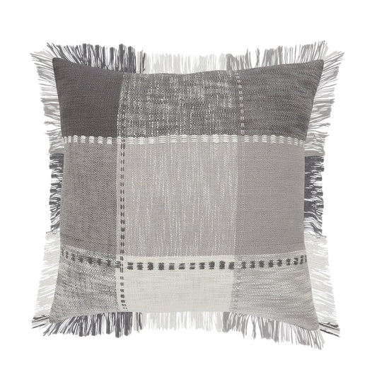 20" Gray And White Cotton Plaid Throw Pillow with Fringe