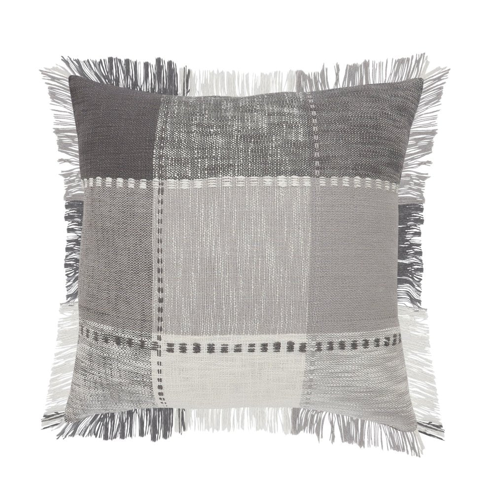 20" Gray And White Cotton Plaid Throw Pillow with Fringe