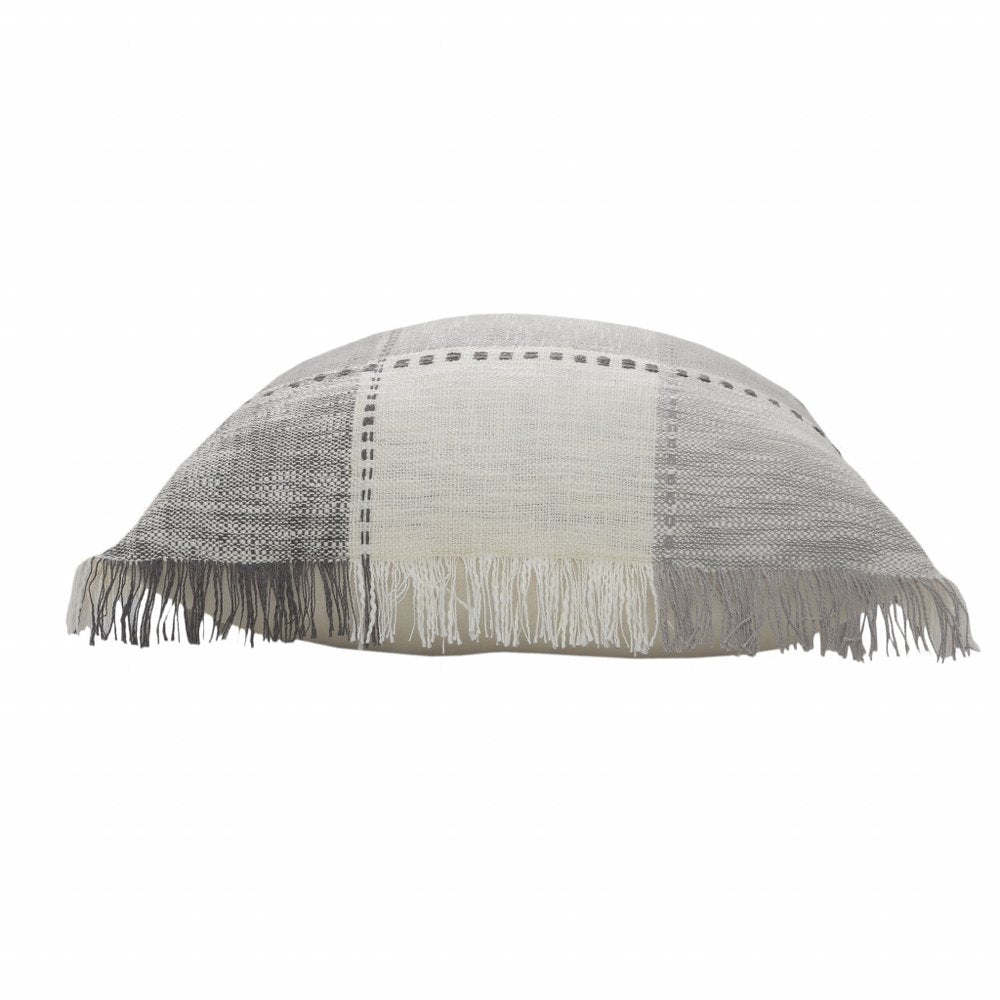 20" Gray And White Cotton Plaid Throw Pillow with Fringe