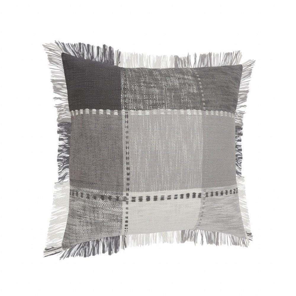 20" Gray And White Cotton Plaid Throw Pillow with Fringe