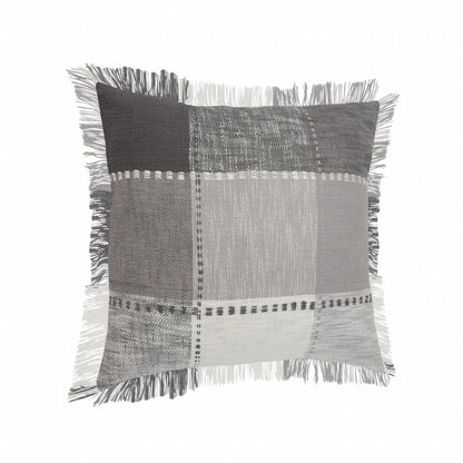 20" Gray And White Cotton Plaid Throw Pillow with Fringe