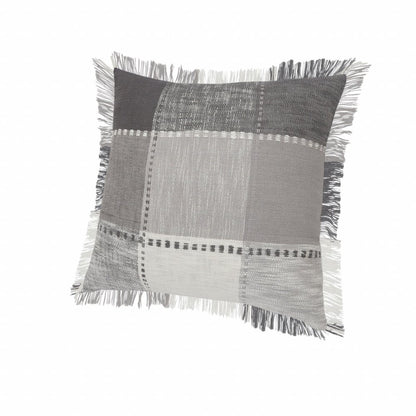 20" Gray And White Cotton Plaid Throw Pillow with Fringe