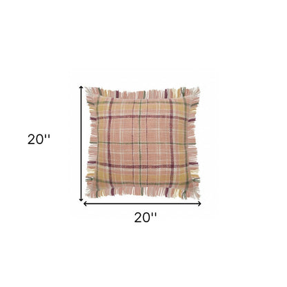 20" Pink And Yellow Cotton Plaid Throw Pillow with Fringe