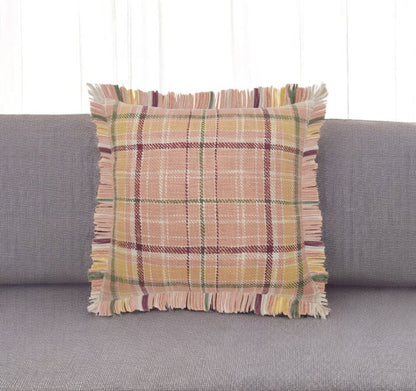 20" Pink And Yellow Cotton Plaid Throw Pillow with Fringe
