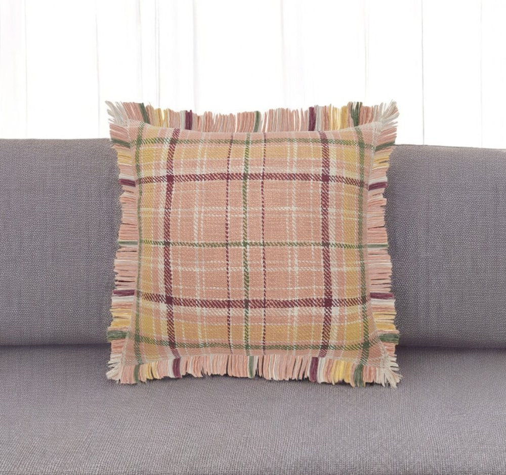 20" Pink And Yellow Cotton Plaid Throw Pillow with Fringe